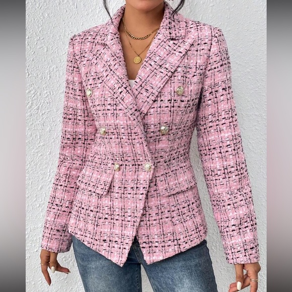 Luxe Plaid Tweed Button Down Blazer Jacket Coat - Picture 5 of 15